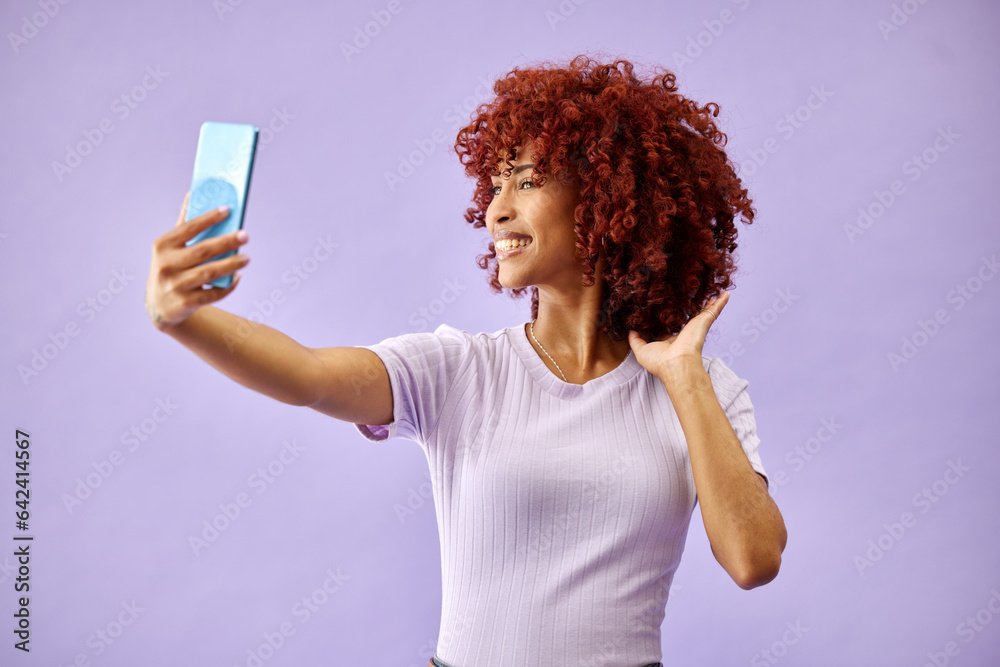 Smile, selfie and curly hair of woman in studio isolated on a purple background mockup space. Happy,