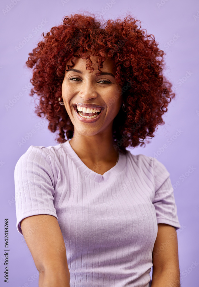 Natural, African beauty and portrait of woman in fashion with confidence, pride and smile on purple 