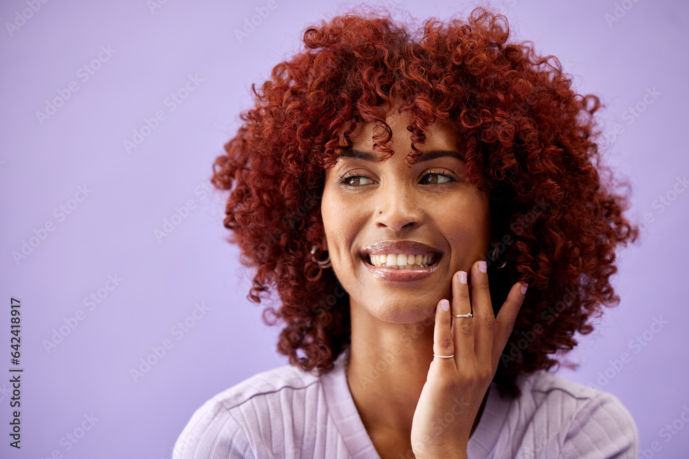 Beauty, hair and woman with hands on face in studio for natural, cosmetic or wellness on purple back