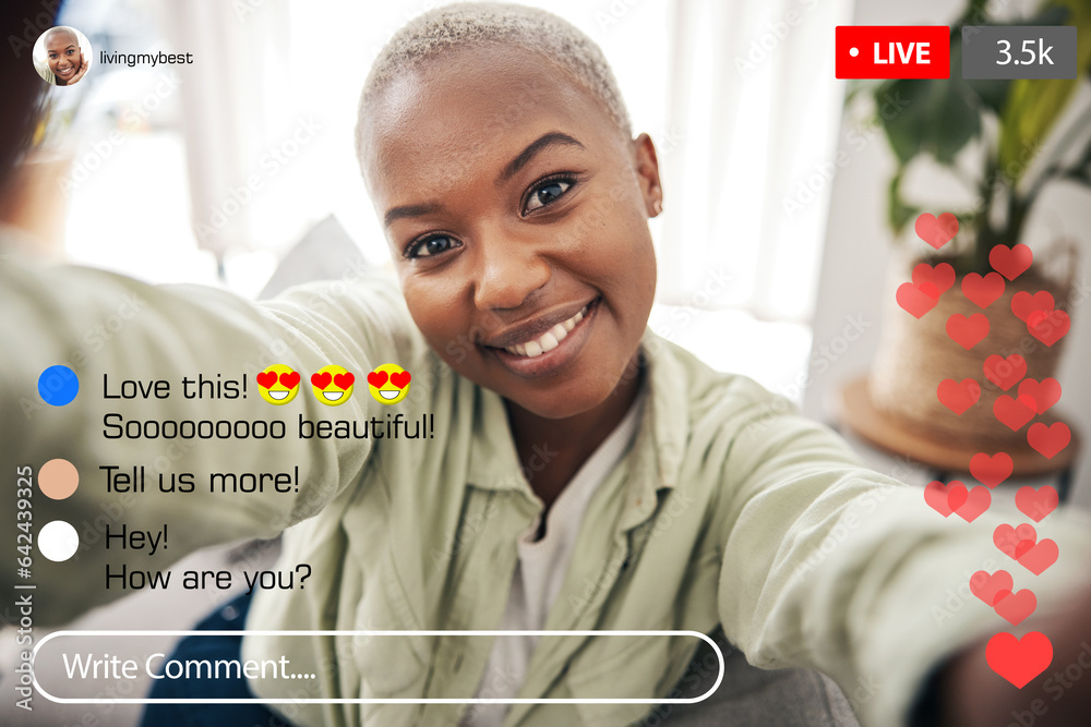 Selfie portrait, happy black woman and live streaming social media post, online opinion comment or f