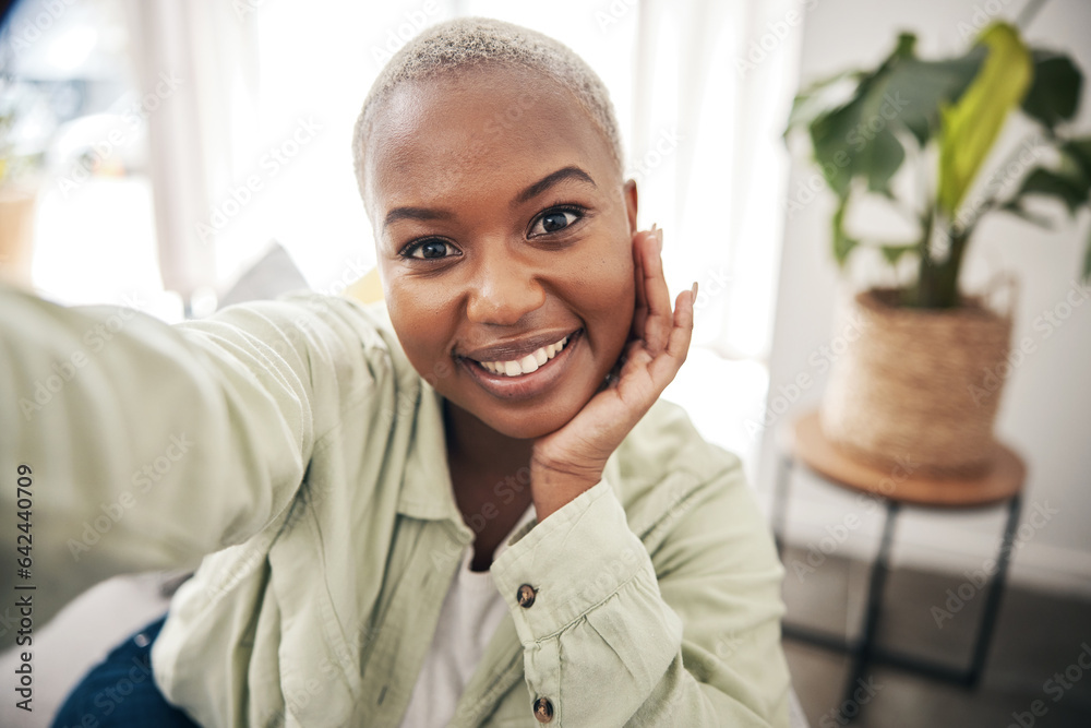 Home, portrait or black woman taking a selfie with a happy smile on sofa to post on social media. Ap