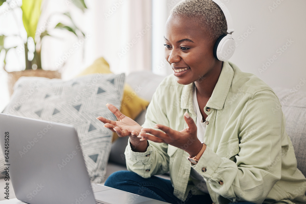 Laptop, video call or black woman in headphones for remote work, conversation or online research at 