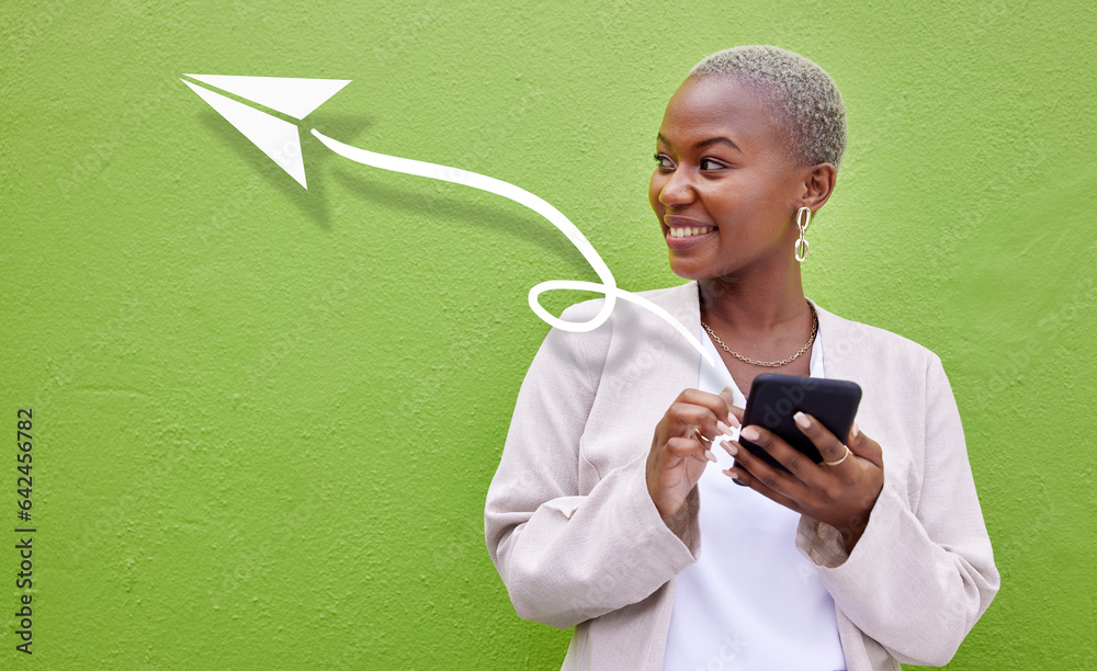 Social media icon, phone and woman online for communication, email and networking in studio on green