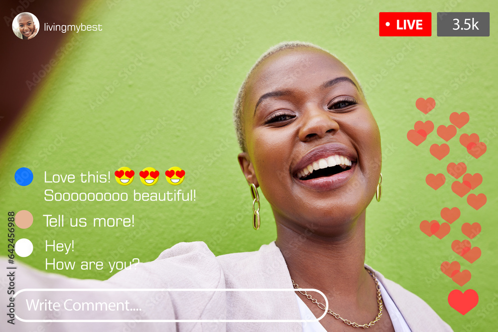 Influencer woman, live streaming and phone screen for smile, ui or portrait for reaction, comment se