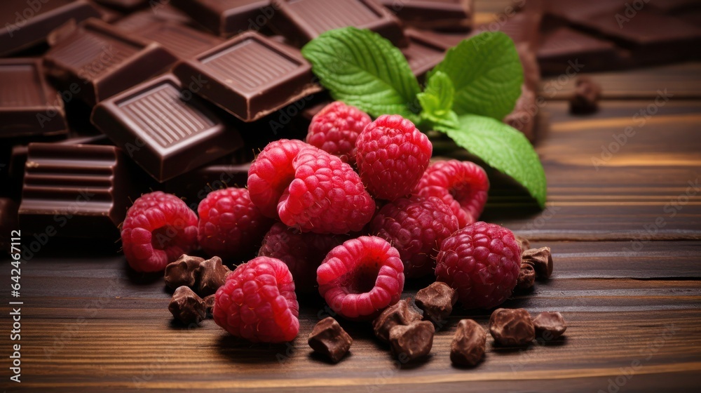 Milk chocolate bars, ripe red raspberry, mint leaves on wooden surface, close-up, dark key.