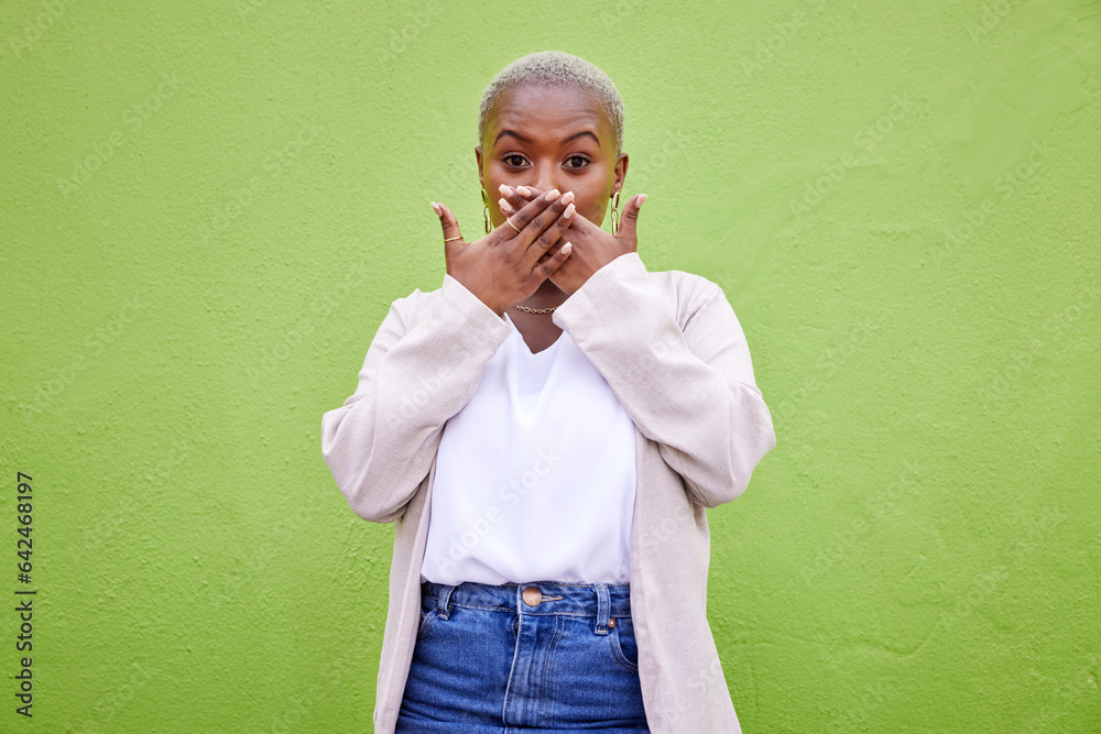 Portrait, surprise and a black woman on a green wall for fashion, stylish and cool about announcemen