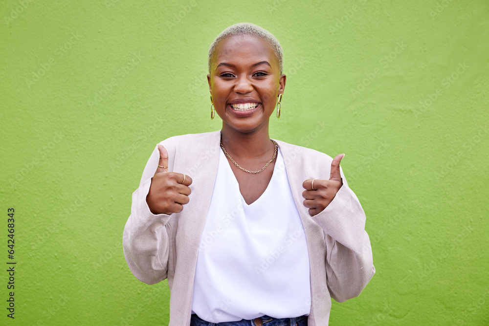 Happy, thumbs up and portrait of black woman by a green wall with classy and elegant jewelry and out