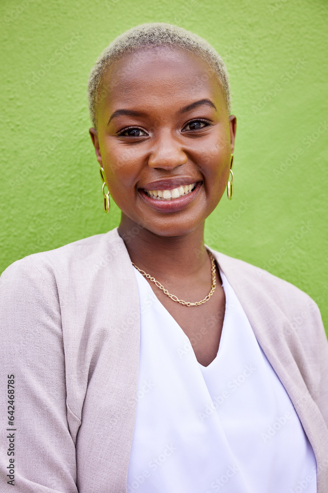 Portrait, business and happy black woman, entrepreneur and career of worker on green wall background