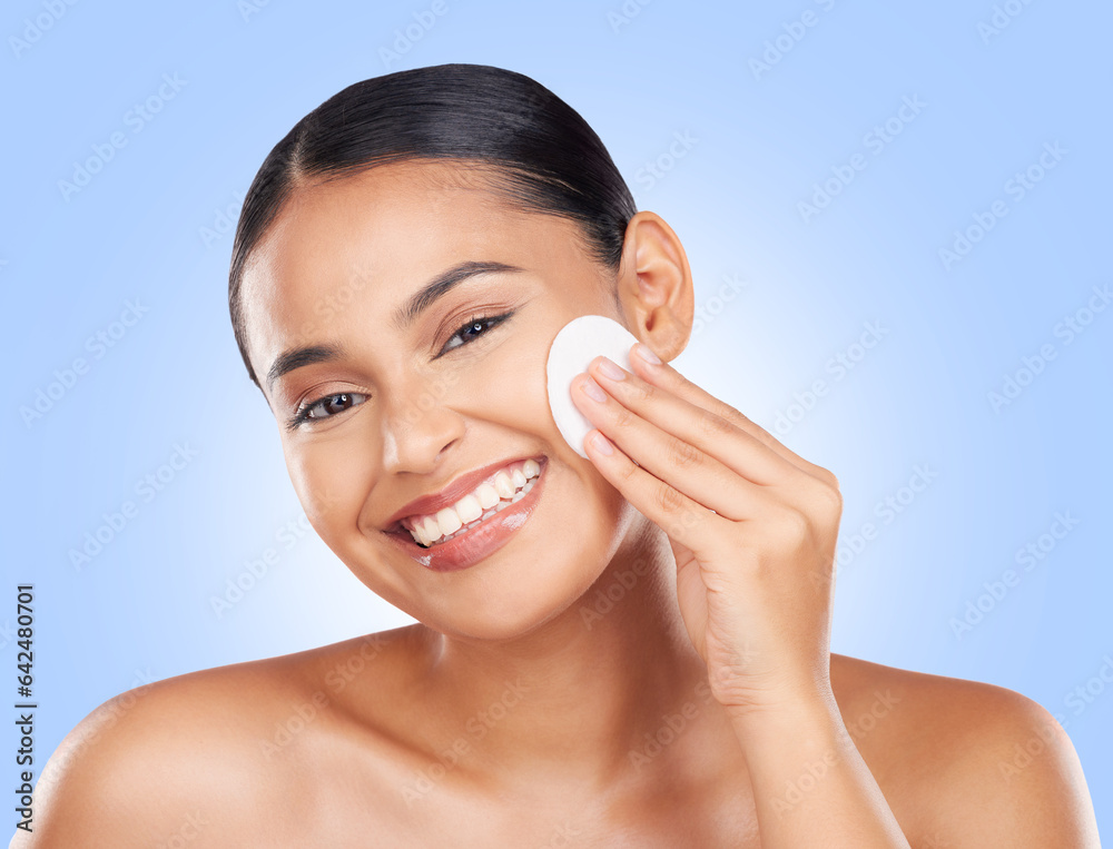 Happy woman, portrait and cotton in studio for skincare, cosmetics and healthy facial aesthetic on b