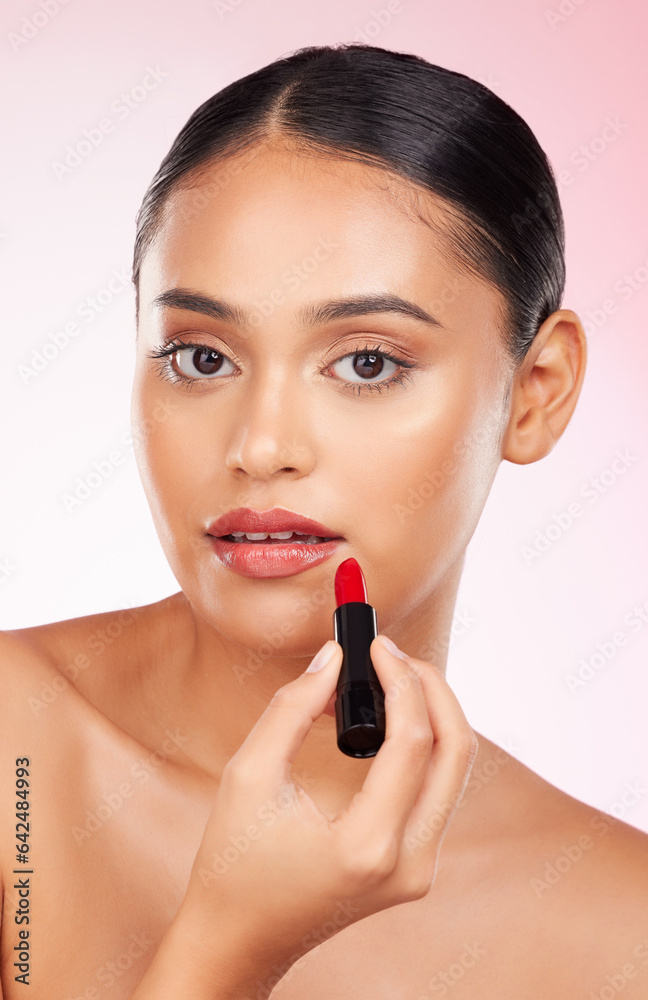 Portrait, beauty and makeup with a woman closeup on a pink background in studio for luxury cosmetics