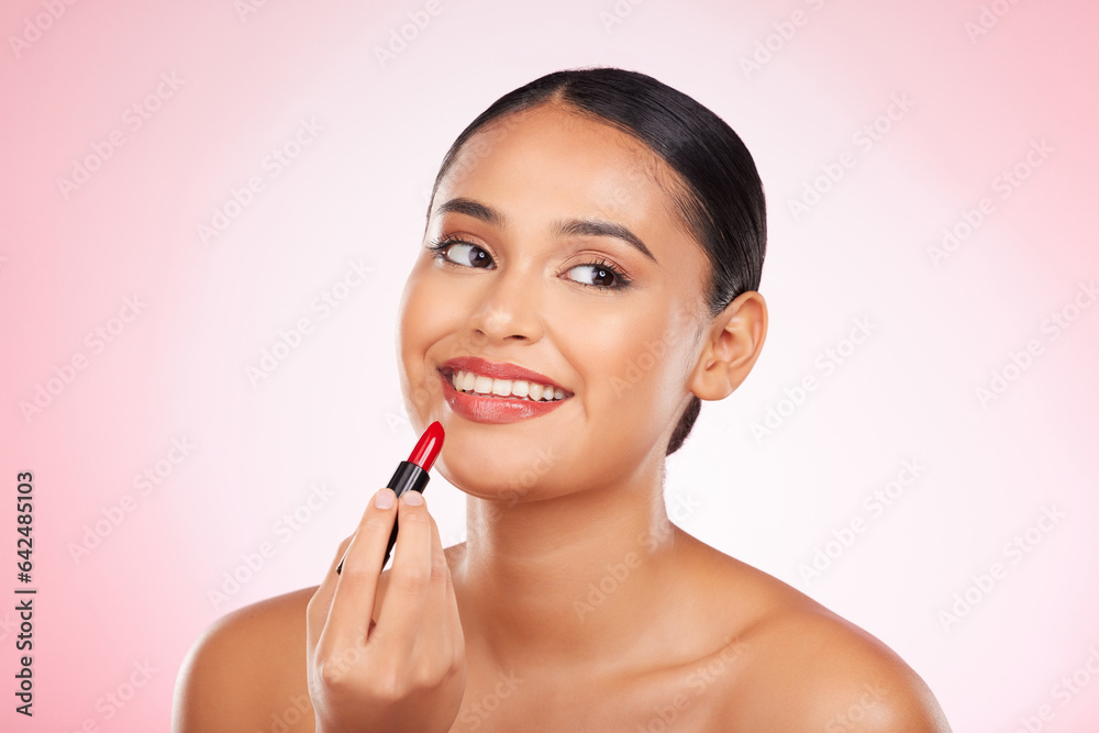 Lipstick, mockup and face of happy woman with makeup or cosmetics on pink background space and think