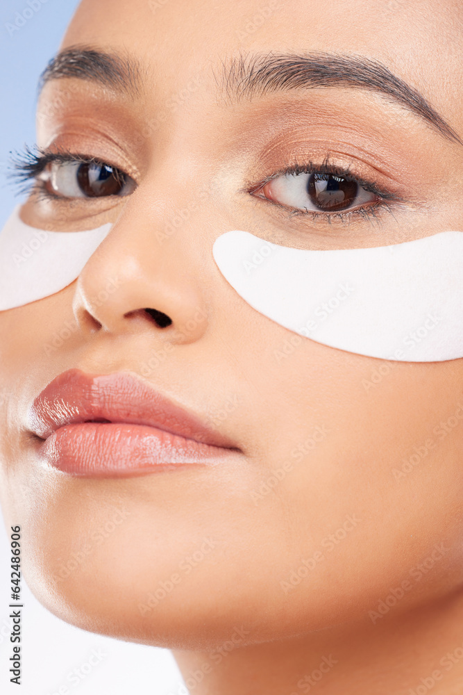 Portrait, woman and eye patch for skincare and face health, dermatology and self care shine on studi