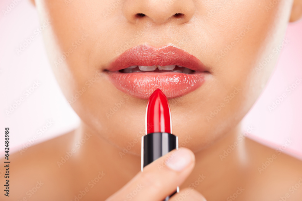 Makeup, mouth and woman with lipstick in studio for application, cosmetic and gloss closeup. Zoom, b