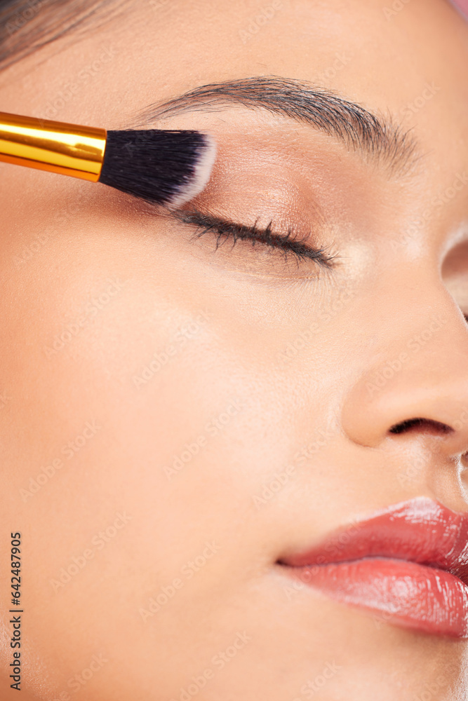 Makeup brush, eyes closed and face of woman with eyeshadow product, cosmetics shine and beauty care 