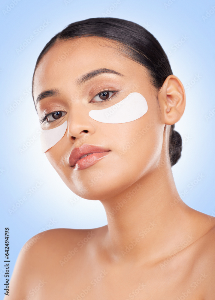 Eye patch, woman and portrait for skincare and face health, dermatology and self care shine in studi