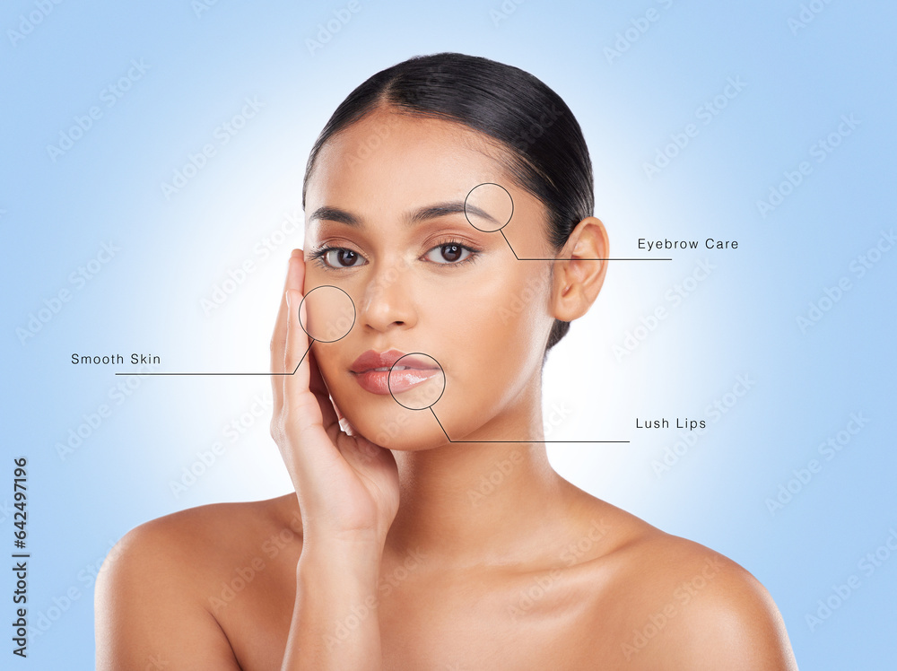 Beauty, skincare and portrait of woman with text overlay and hand on face for cosmetics in studio on