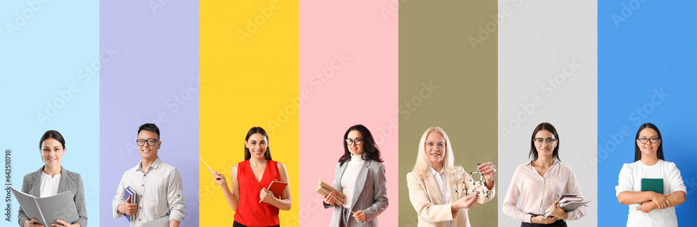 Set of many different teachers on color background