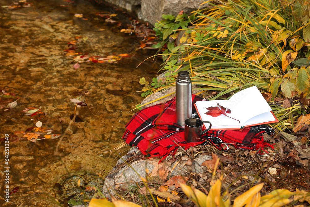 Book with autumn leaves, thermos, cup of tea and plaid near pond in park