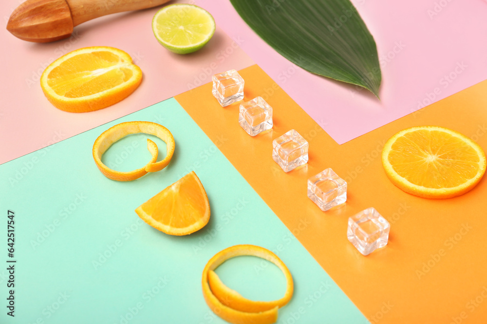 Cut citrus with juicer, ice cubes and palm leaf on color background, closeup