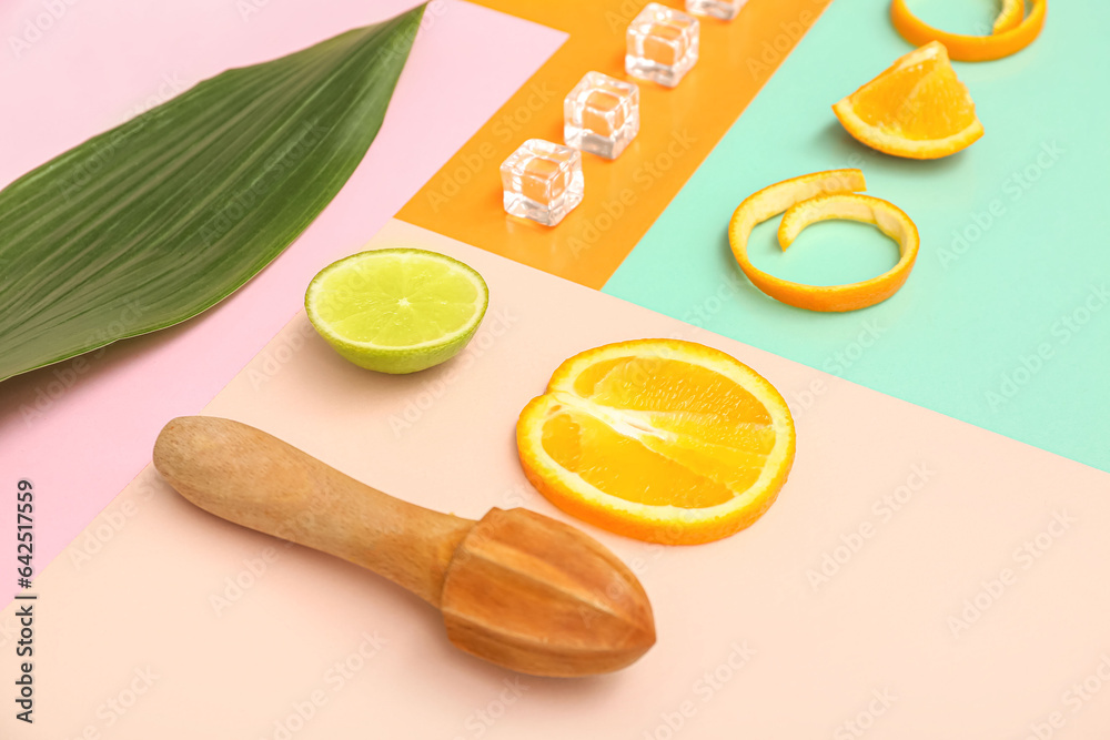 Cut citrus with juicer, ice cubes and palm leaf on color background, closeup