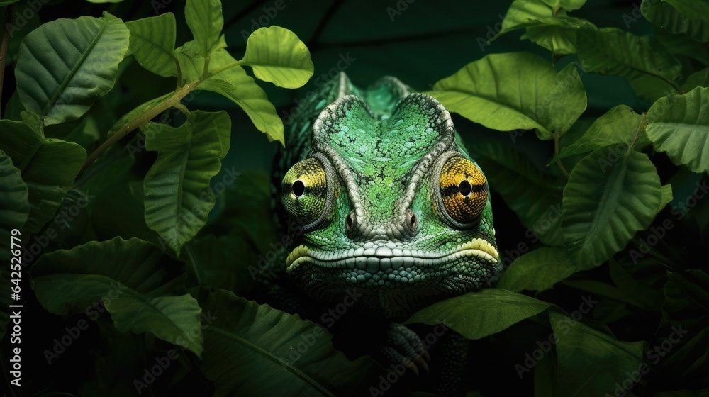 Master of Disguise: The Chameleons Leafy Symphony - A Stunning Illustration Showcasing Natures Cam