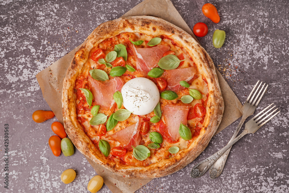 Tasty pizza with Burrata cheese on grey background