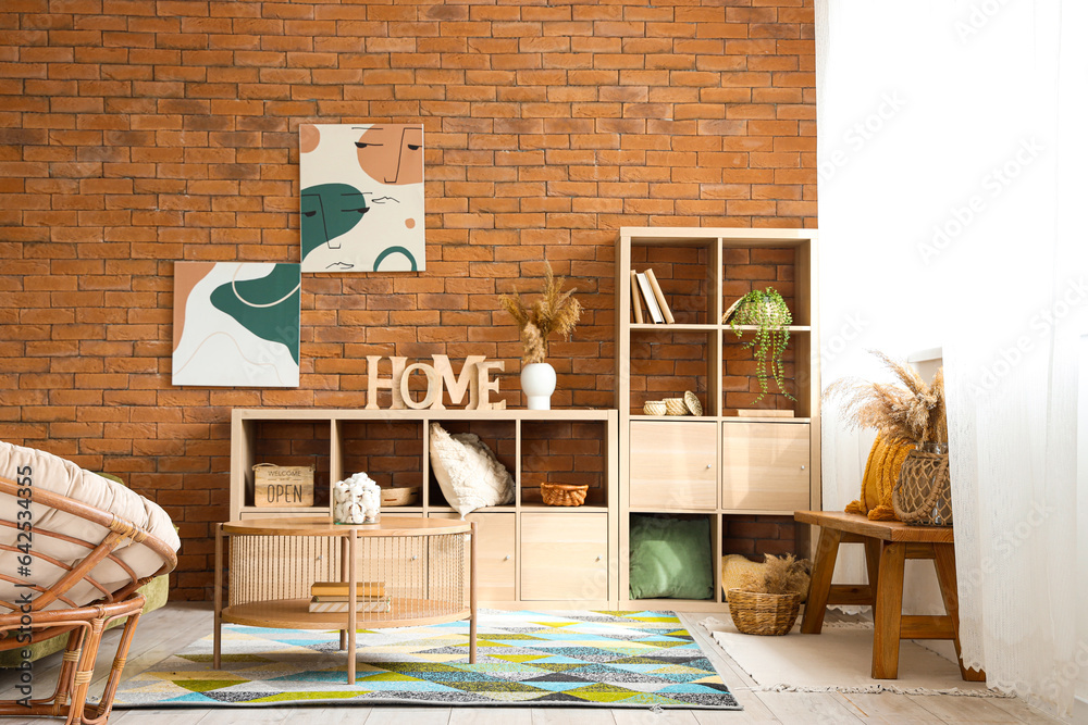 Interior of living room with wooden bench and shelving unit