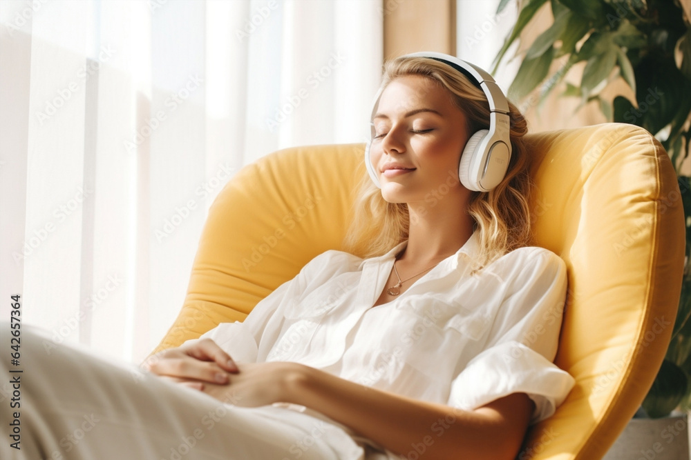 Headphones woman female lifestyle home music sofa leisure