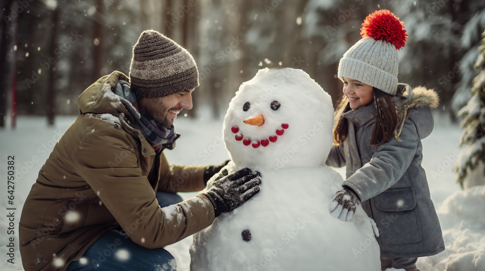 family playing with snowman. Generative AI