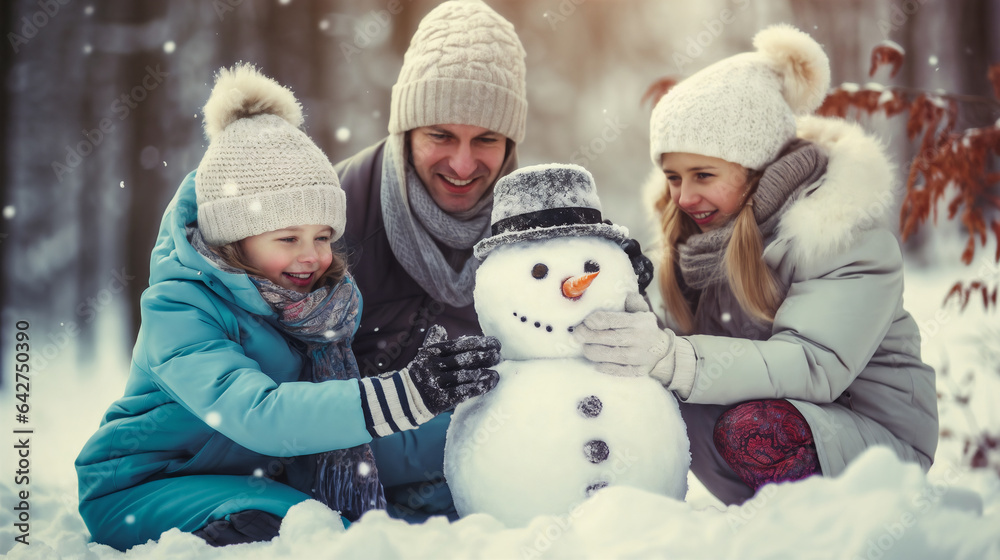 family playing with snowman. Generative AI