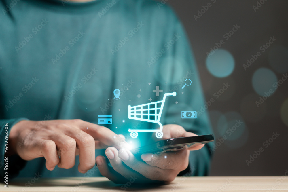 ecommerce, online shopping concept, man use smartphone to purchase products from online stores, onli