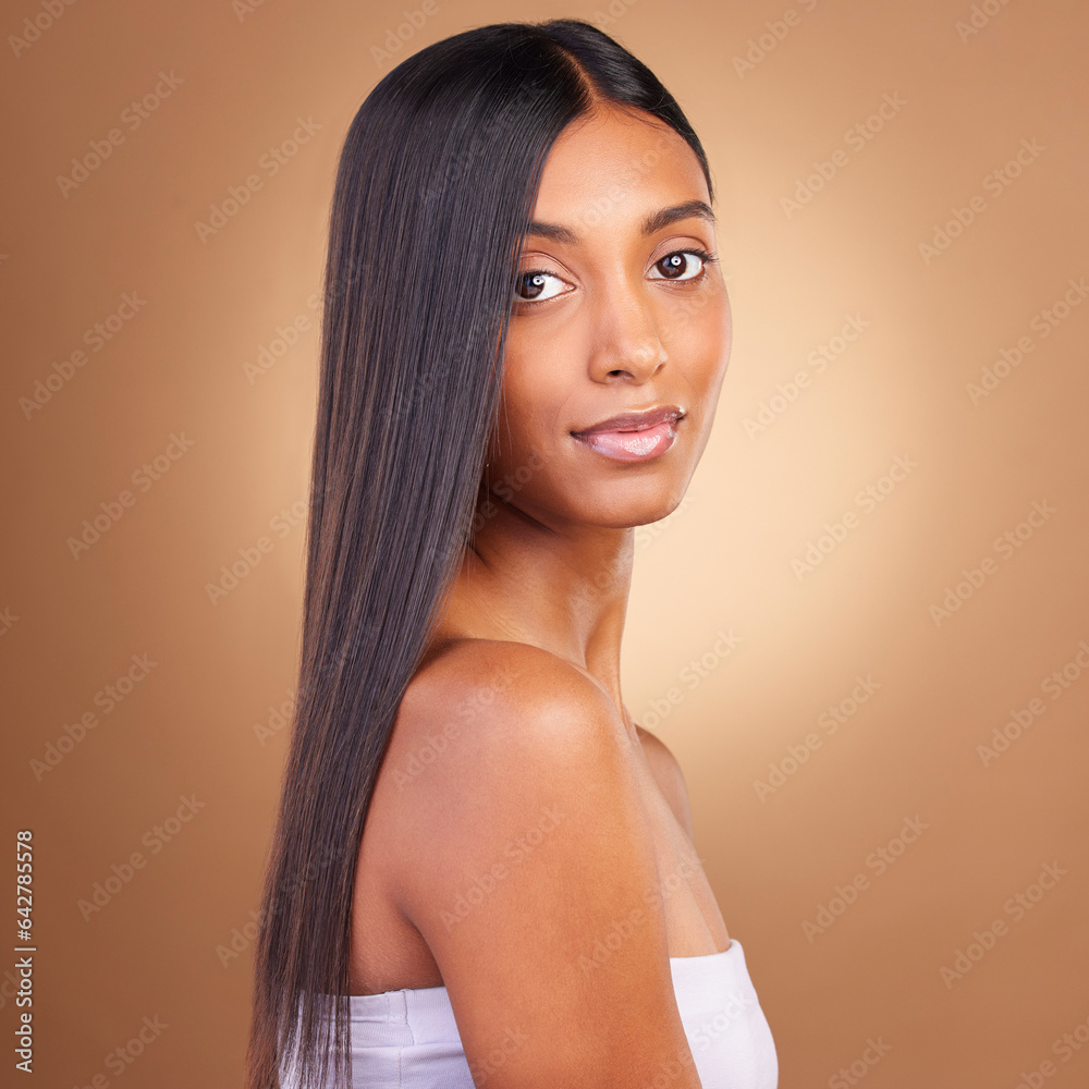 Beauty, hair and skincare with portrait of woman in studio for keratin, salon treatment and texture.