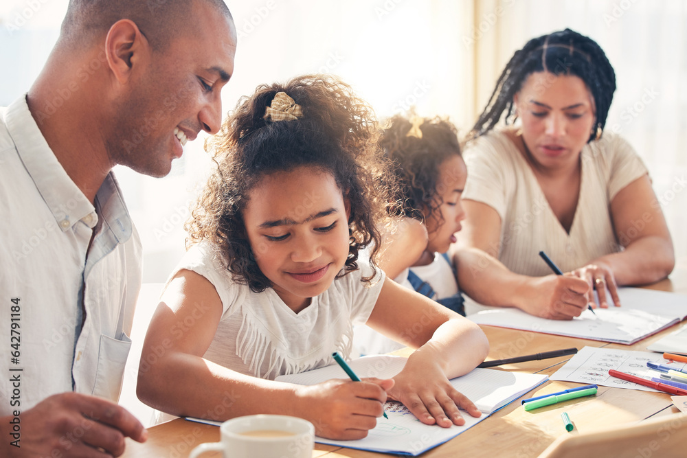 Family, education and parents help children with homework. learning and growth with writing at home.