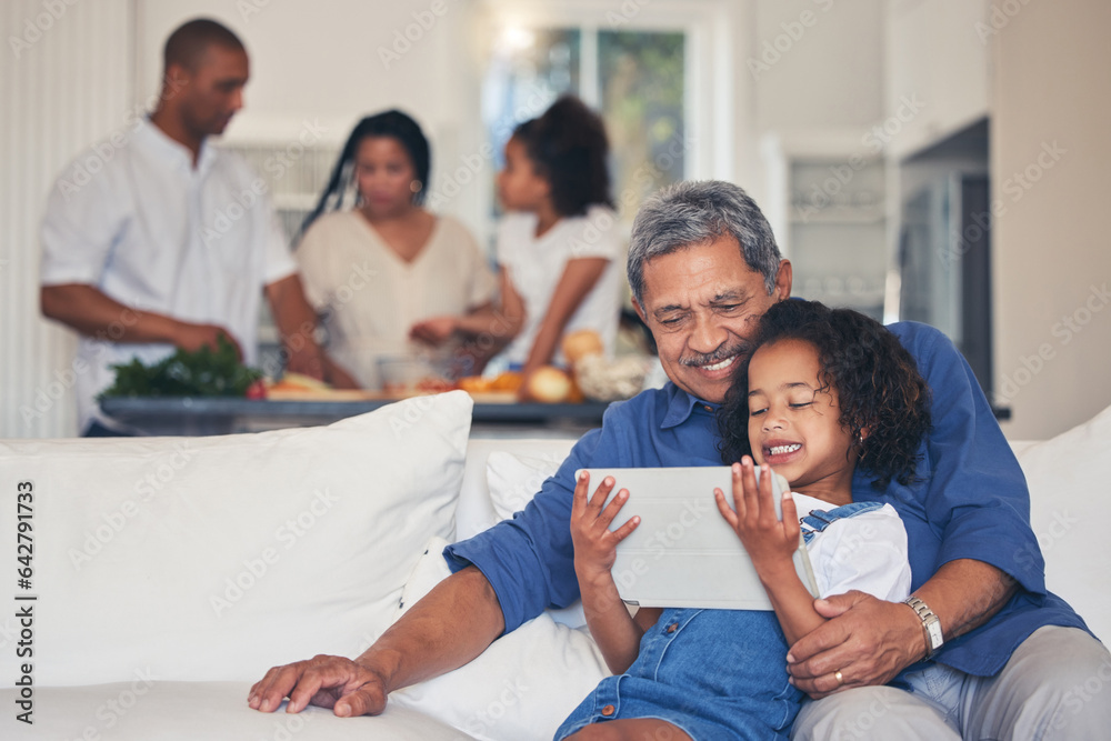 Family, grandfather and child on tablet for selfie, video streaming and e learning, online education