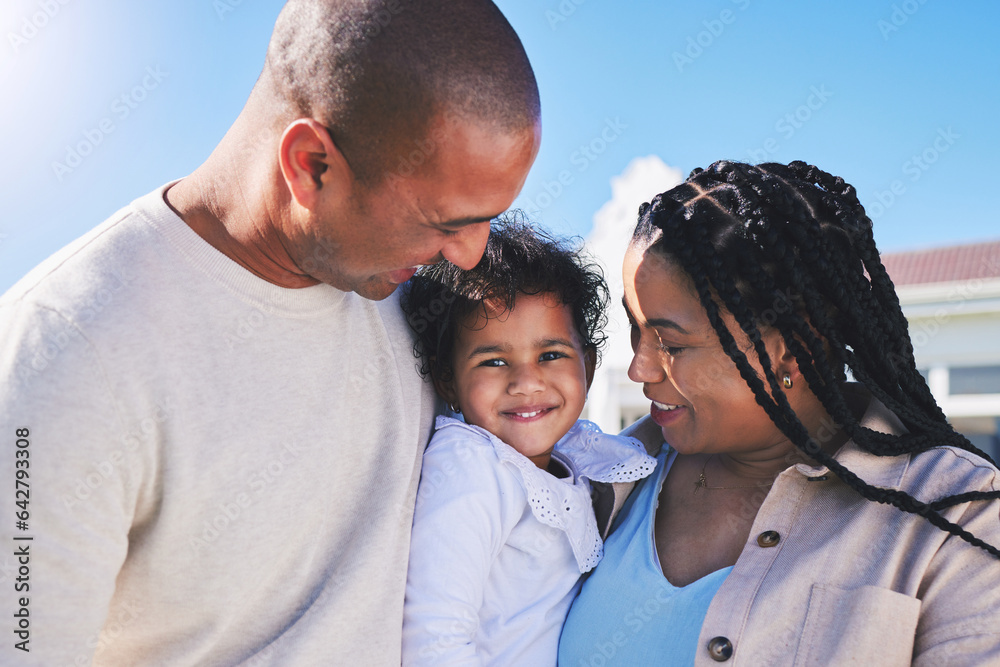 Mother, baby or portrait of father in happy family outdoors to enjoy summer holiday vacation togethe