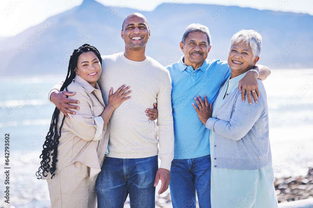 Beach, happy and portrait of parents or family on vacation at a tropical holiday location for love a