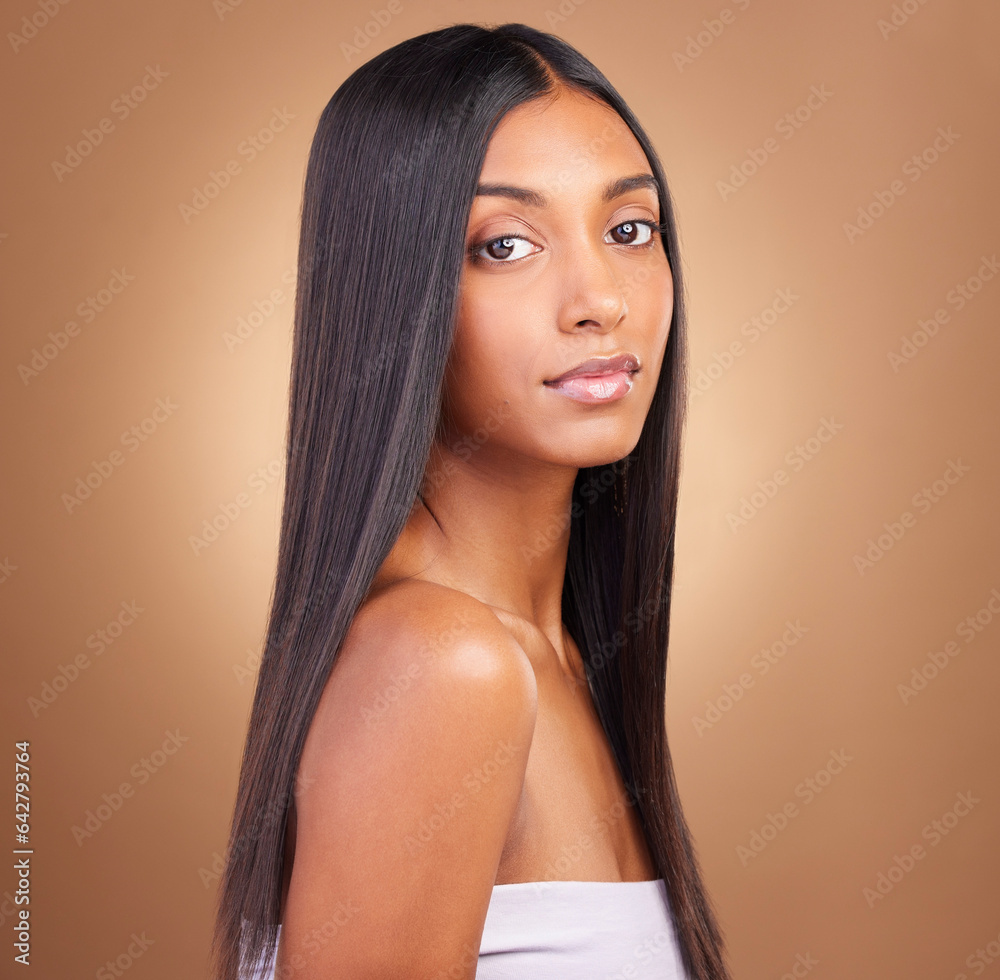 Beauty, hair care and health with portrait of woman in studio for keratin, salon treatment and textu