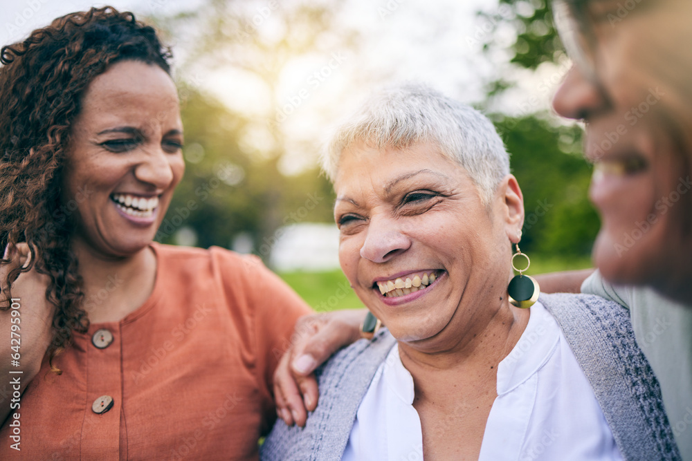 Elderly parents, happy woman or laughing at park with love, care and bond on outdoor travel to relax