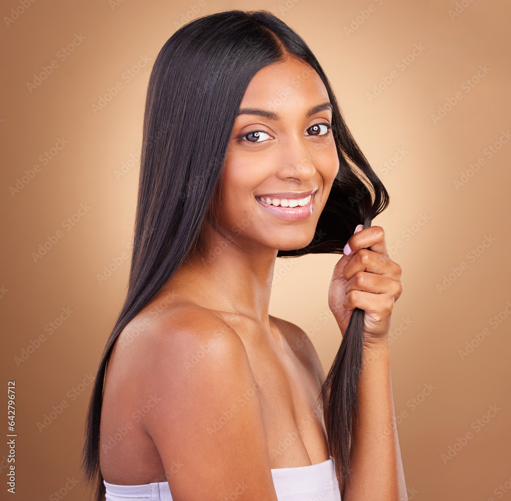 Beauty, hair and happy with portrait of woman in studio for keratin, salon treatment and texture. Sh