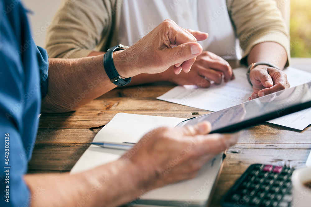 Closeup, hands and couple with a tablet for planning, mortgage payment or home budget. Debt, website