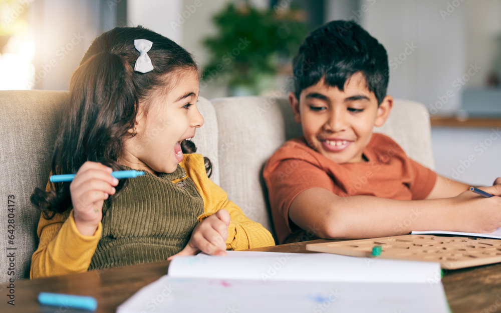 Drawing, learning and excited children in home on table, writing to study or homeschool discussion. 