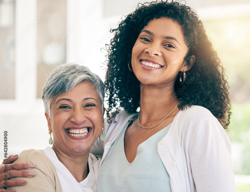 Smile, love and portrait of senior mother and daughter for happy, hug and bonding. Support, retireme