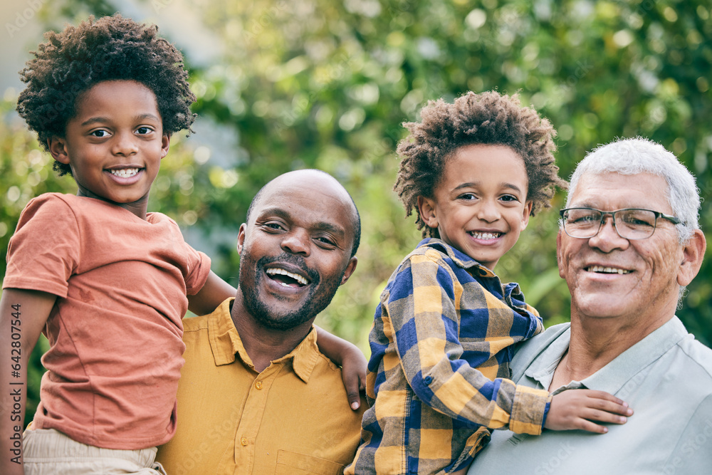 Portrait, happy kids or grandfather or dad in park to relax for bonding with love, support or care i