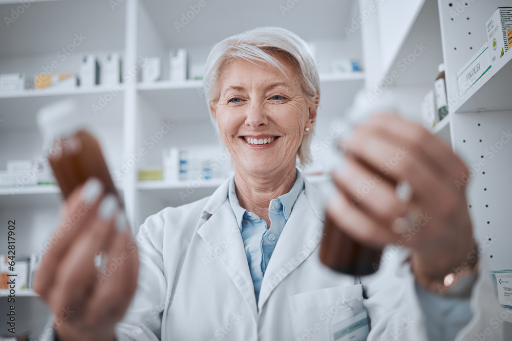 Happy senior woman, pharmacist and medicine for inventory inspection or checking stock on shelf at s