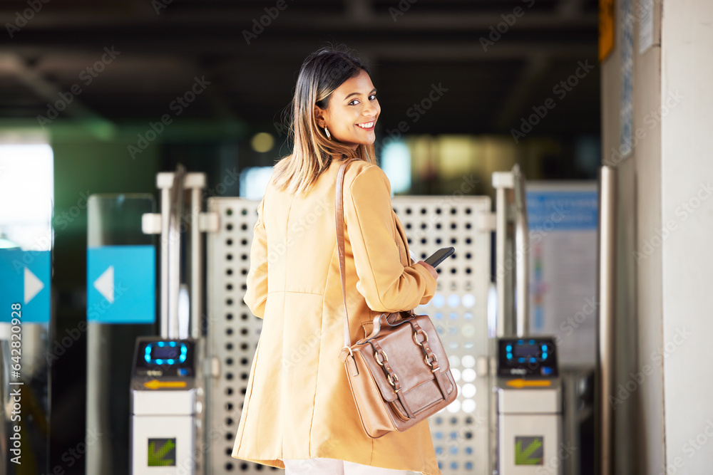 Smile, portrait and a woman with access to a station for travel, transport or or a train. Happy, air