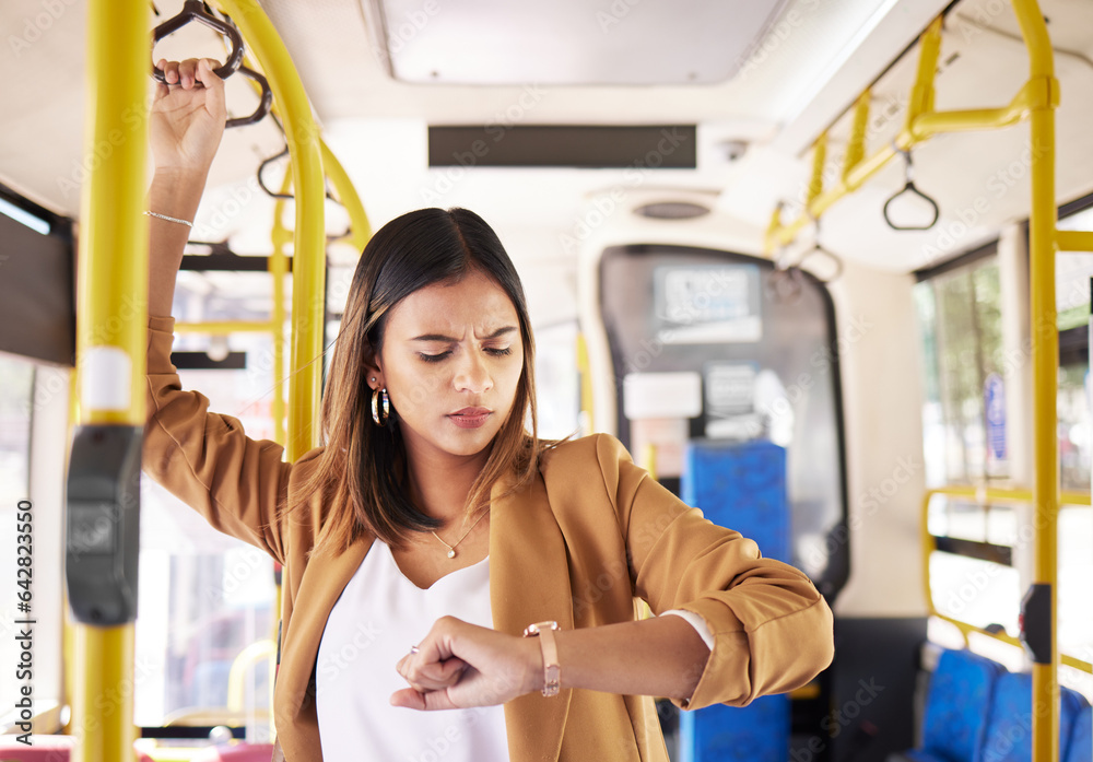 Woman on a bus, transport and check time on commute, travel to work or university with city and traf