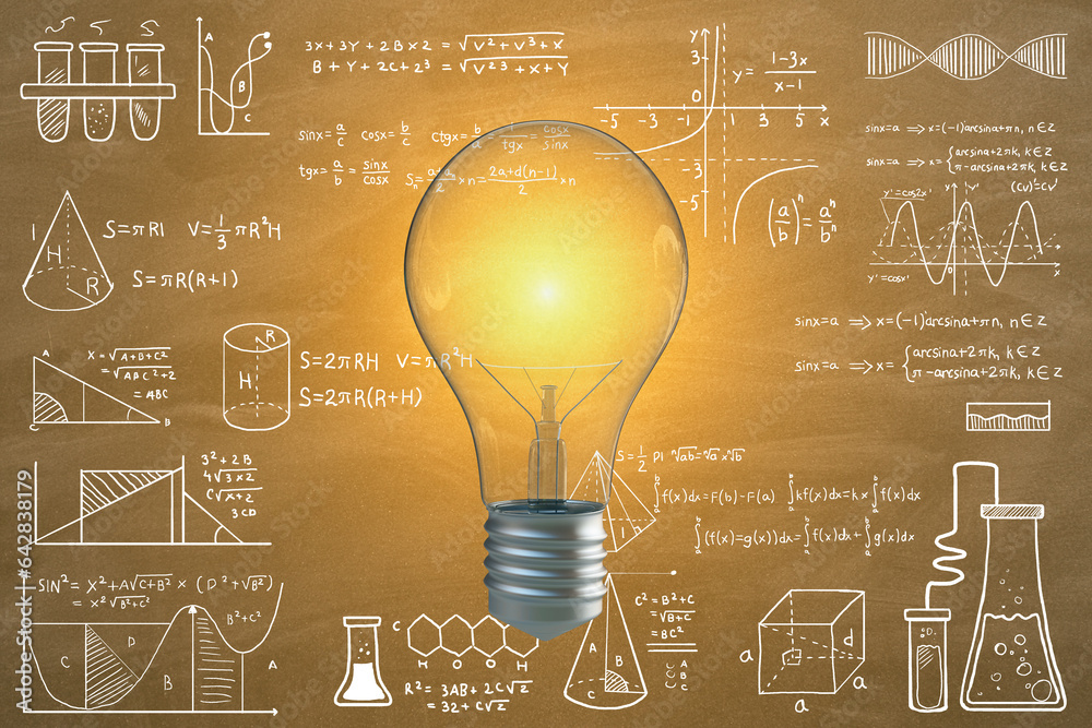 Creative glowing light bulb on chalkboard wall background with mathematical formulas. Science, idea 