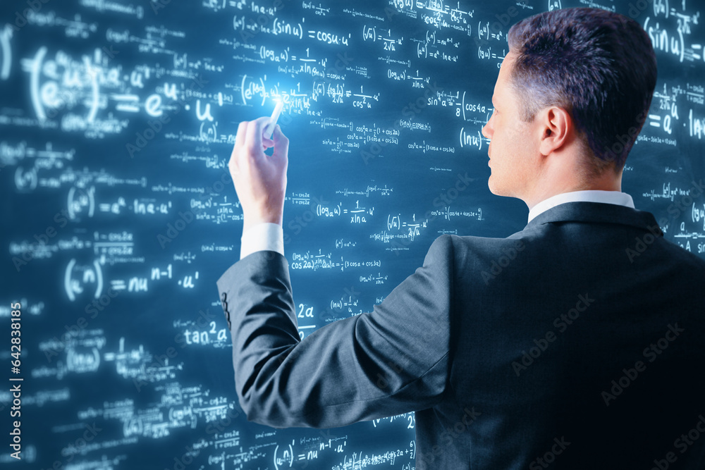 Side view of young european businessman using glowing digital math formulas hologram on blurry backg