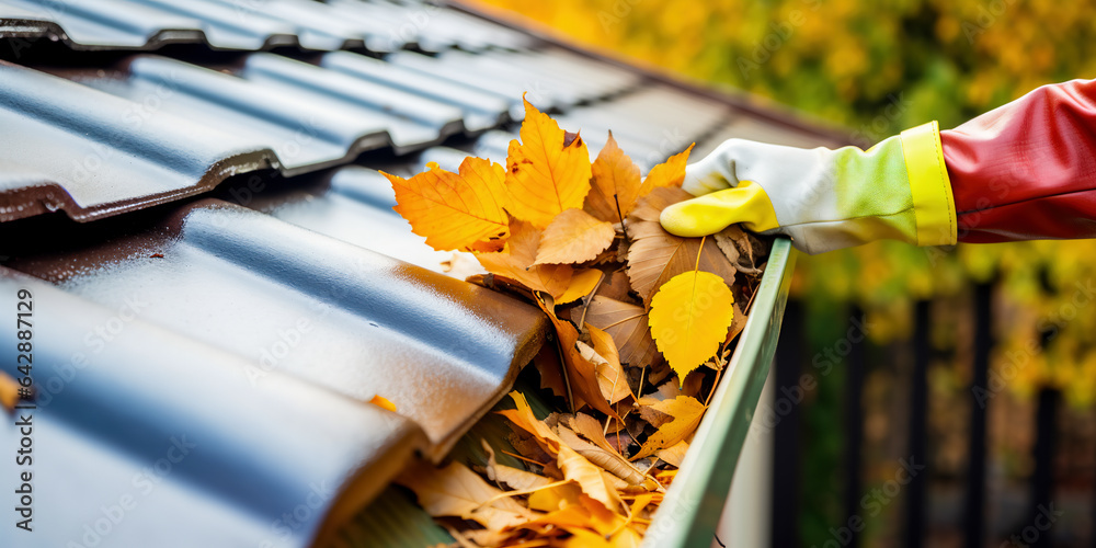 Cleaning the gutter from autumn leaves before winter season. Roof gutter cleaning process.