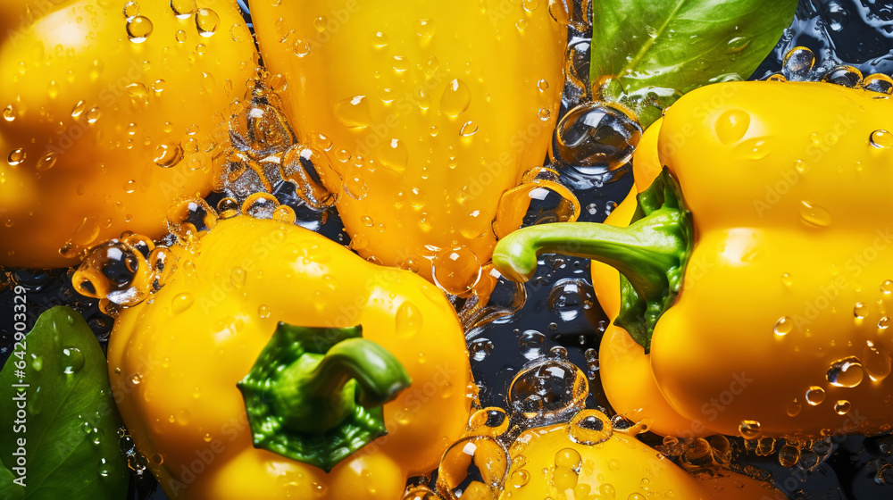 Fresh yellow bell peppers with water drops background. Vegetables backdrop. Generative AI